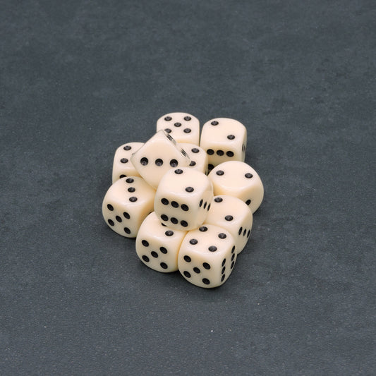 Ivory w/ black Opaque 16mm d6 Dice Block (12 dice)