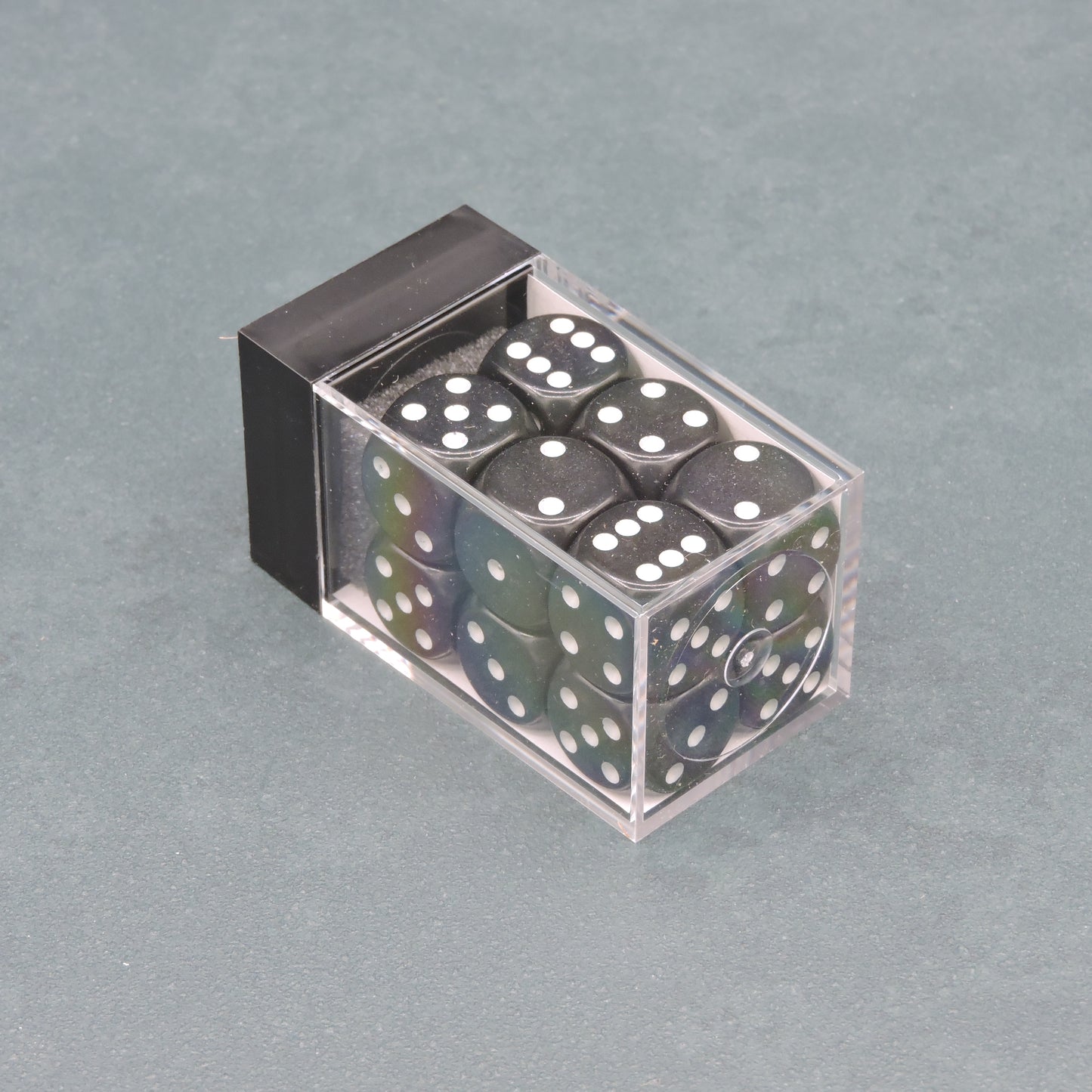 Black w/ white Opaque 16mm d6 Dice Block (12 dice)