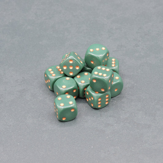 Dusty Green w/ copper Opaque 16mm d6 Dice Block (12 dice)