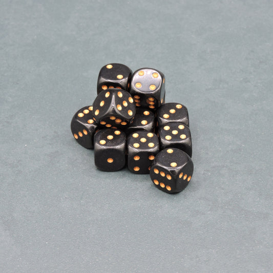 Black w/ gold Opaque 16mm d6 Dice Block (12 dice)