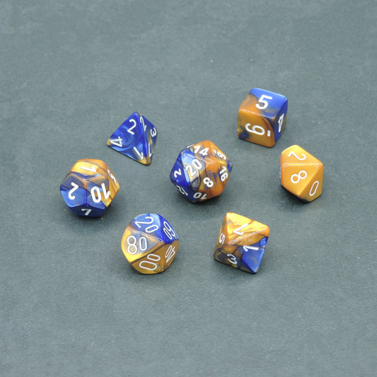 Blue-Gold w/ white Gemini Polyhedral 7-die Set