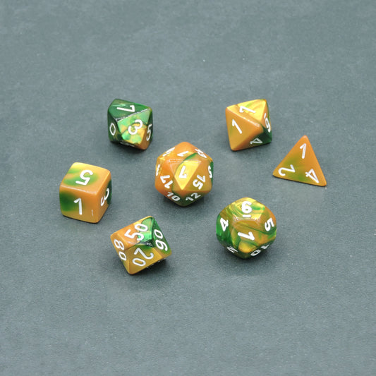 Gold-Green w/ white Gemini Polyhedral 7-die Set