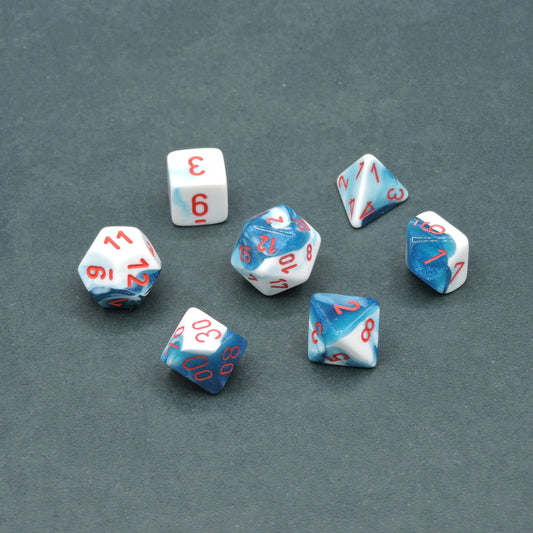 Astral Blue-White w/ red Gemini Polyhedral 7-die Set