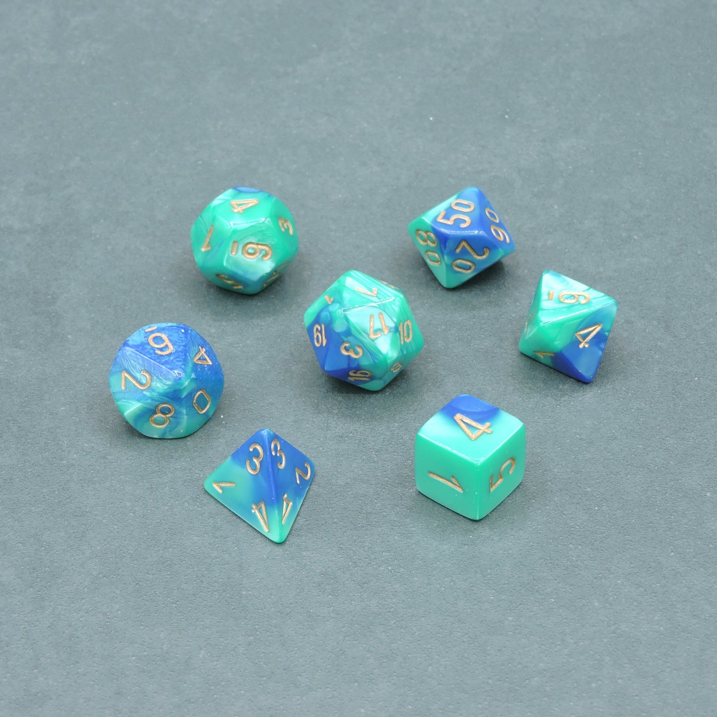 Blue-Teal w/ gold Gemini Polyhedral 7-die Set