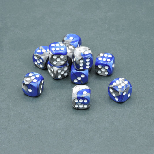 Blue-Steel w/ white Gemini 16mm d6 Dice Block (12 dice)