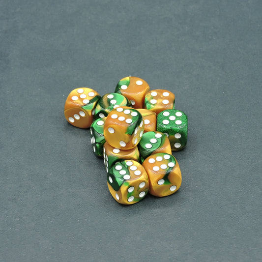 Gold-Green w/ white Gemini 16mm d6 Dice Block (12 dice)