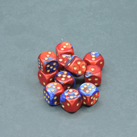 Blue-Red w/ gold Gemini 16mm d6 Dice Block (12 dice)