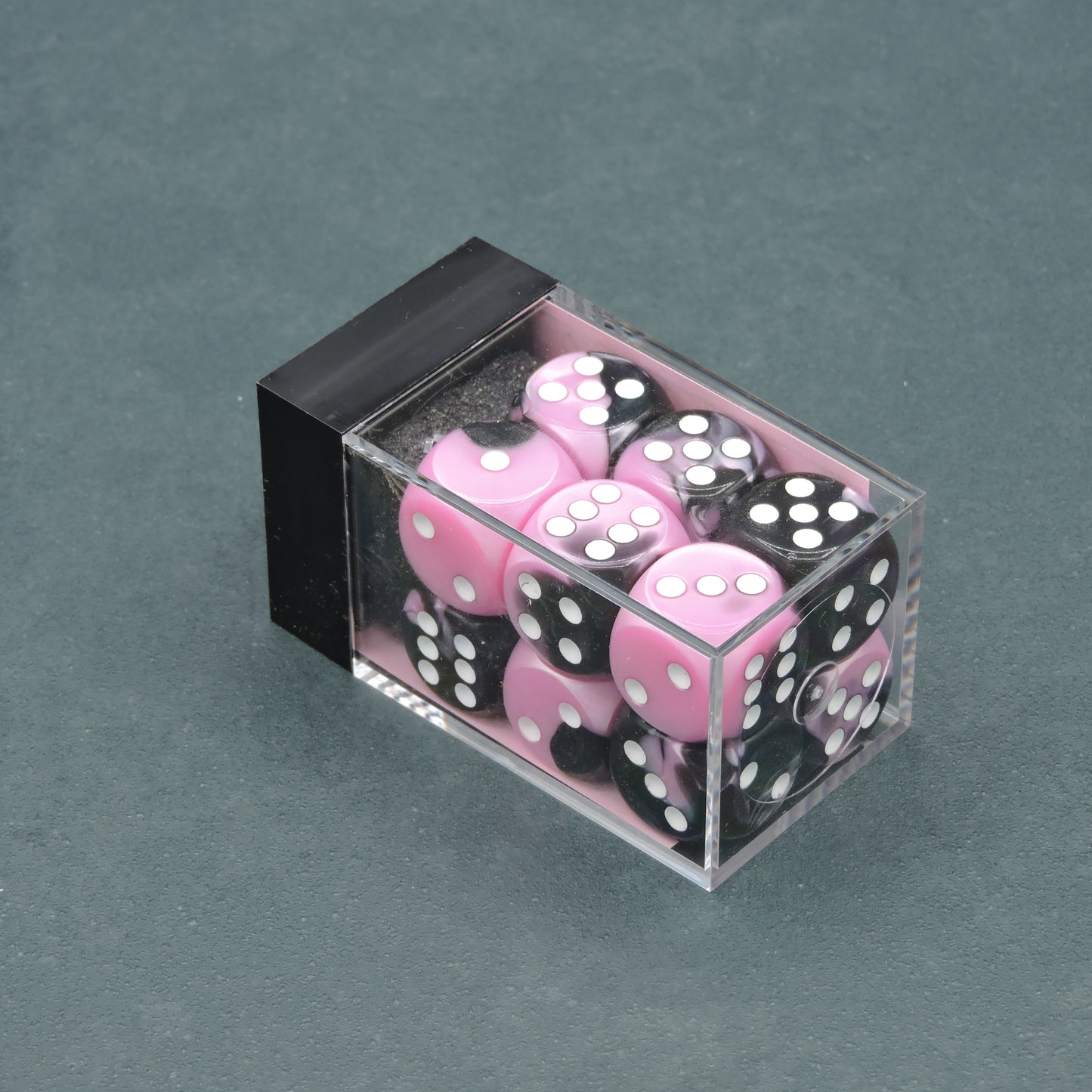 Black-Pink w/ white Gemini 16mm d6 Dice Block (12 dice)