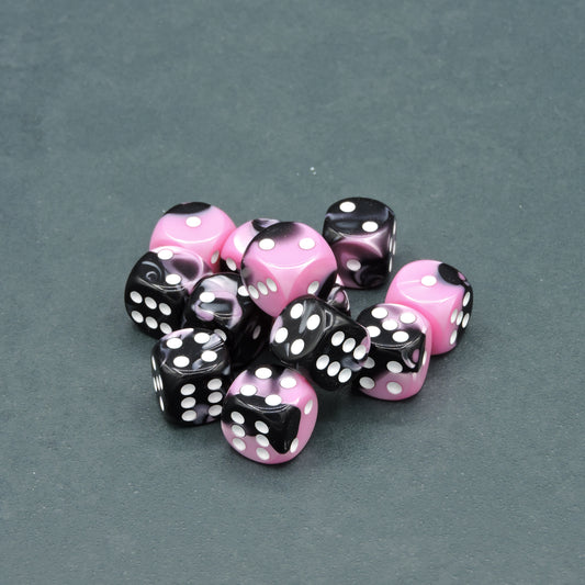 Black-Pink w/ white Gemini 16mm d6 Dice Block (12 dice)