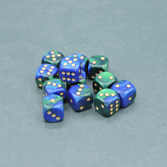 Blue-Green w/ gold Gemini 16mm d6 Dice Block (12 dice)