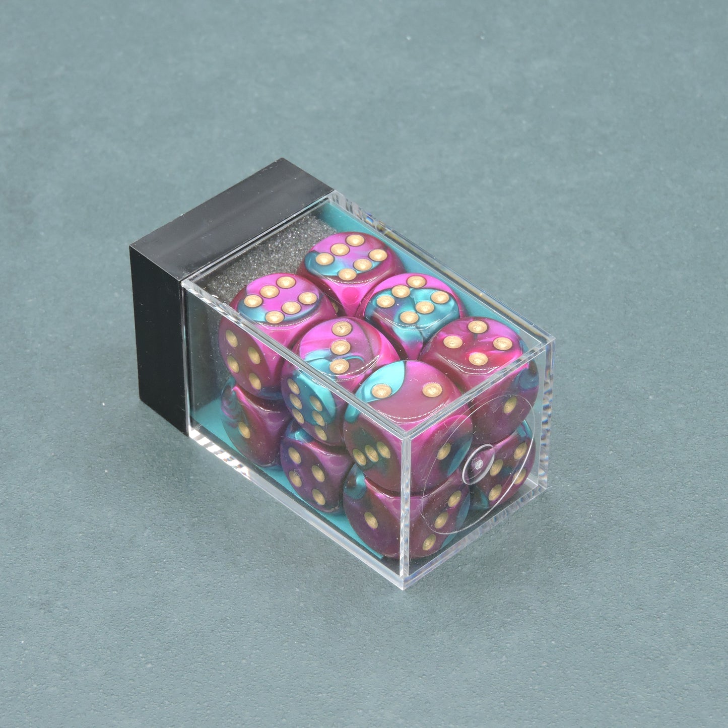 Purple-Teal w/ gold Gemini 16mm d6 Dice Block (12 dice)