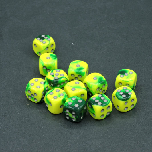 Green-Yellow w/ silver Gemini 16mm d6 Dice Block (12 dice)