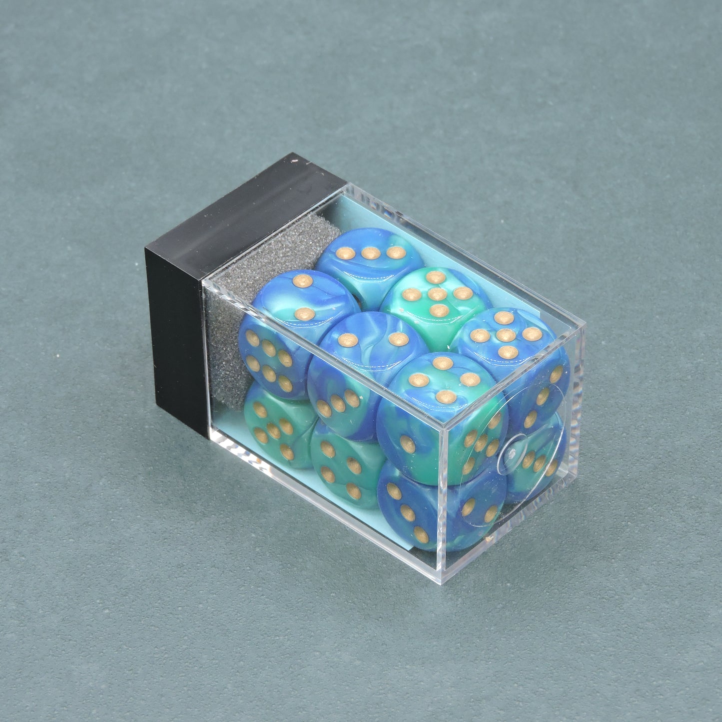 Blue-Teal w/ gold Gemini 16mm d6 Dice Block (12 dice)
