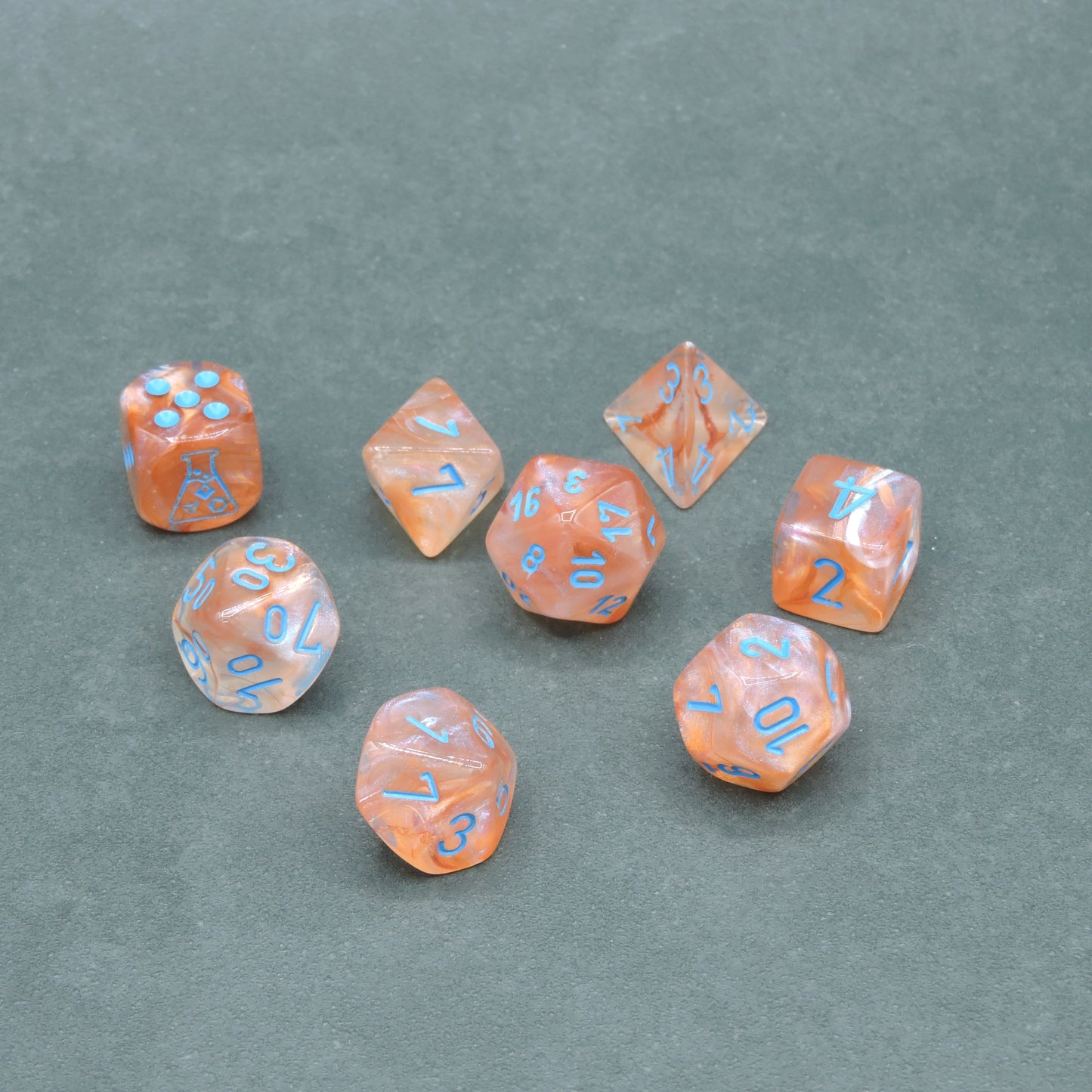 Rose Gold w/ light blue Borealis Polyhedral 8-die Set