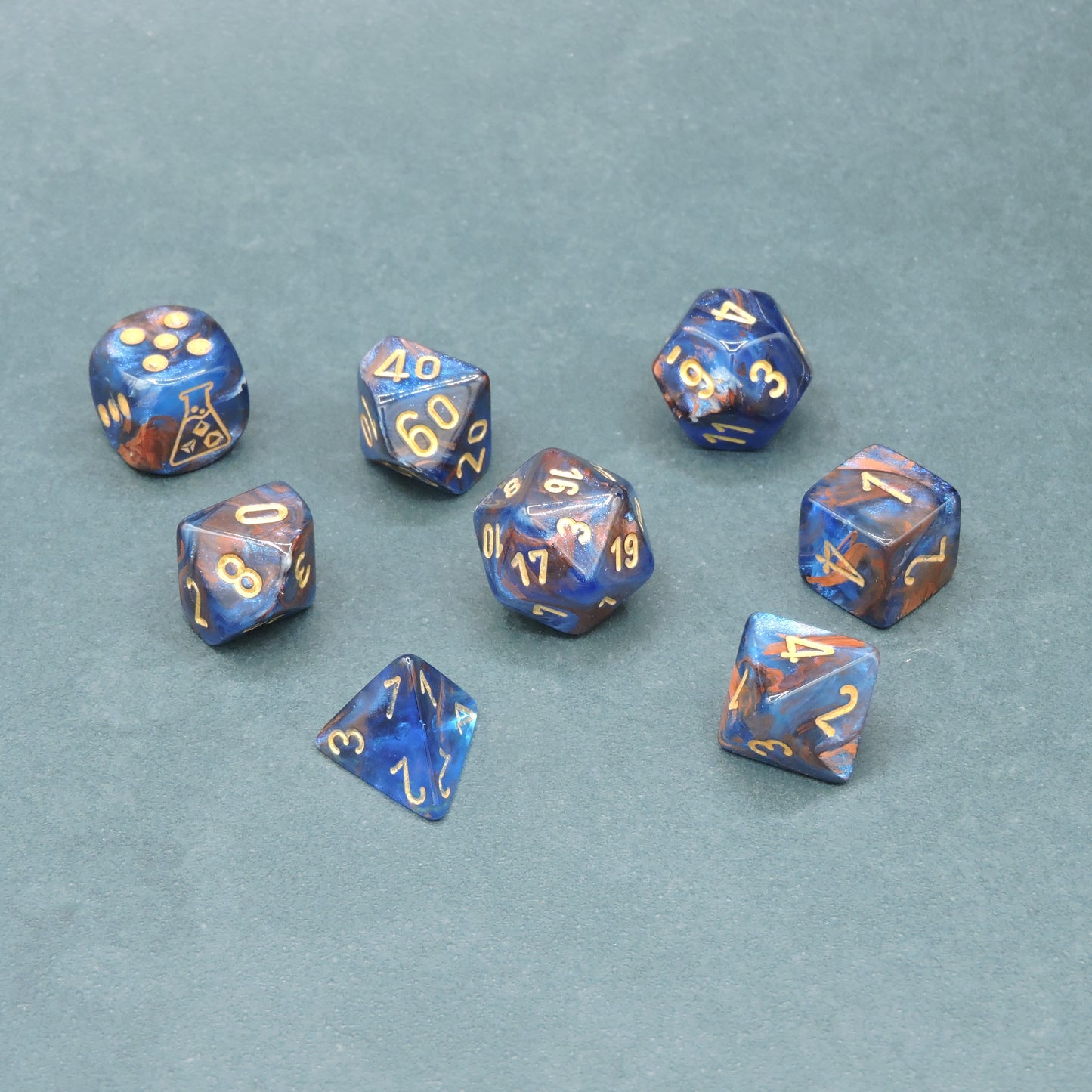 Azurite w/ gold Lustrous Polyhedral 8-die Set