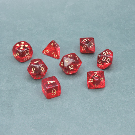 Crimson w/ gold Translucent Polyhedral 8-die Set