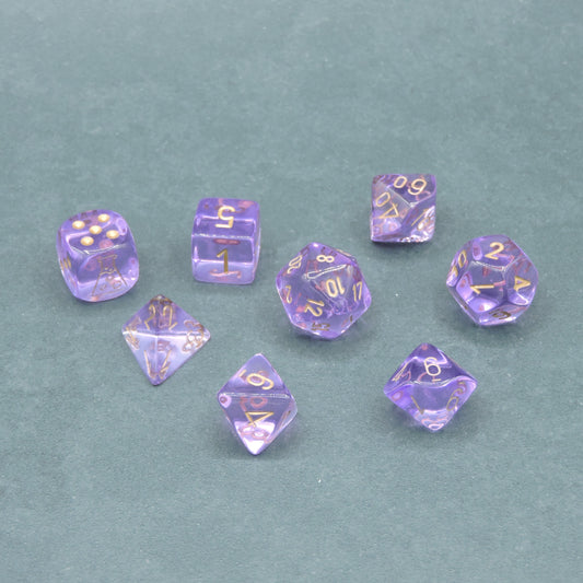 Lavender w/ gold Translucent Polyhedral 8-die Set