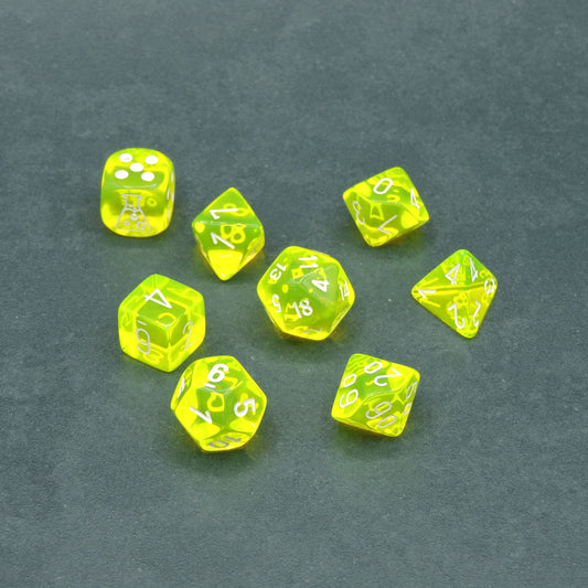 Neon Yellow w/ white Translucent Polyhedral 8-die Set