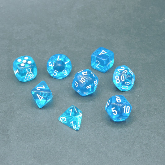 Tropical Blue w/ white Translucent Polyhedral 8-die Set