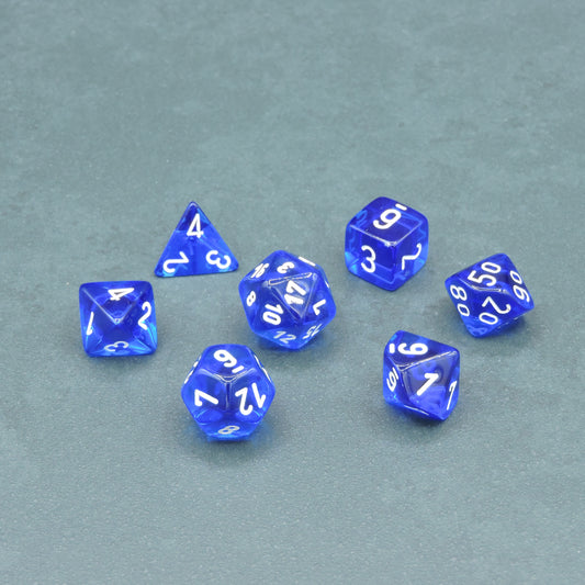 Blue w/ white Translucent Polyhedral 7-die Set