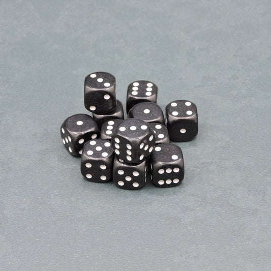 Black w/ white Opaque 16mm d6 Dice Block (12 dice)