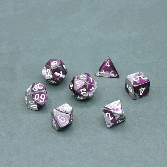 Purple-Steel w/ white Gemini Polyhedral 7-die Set