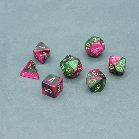 Green-Purple w/ gold Gemini Polyhedral 7-die Set