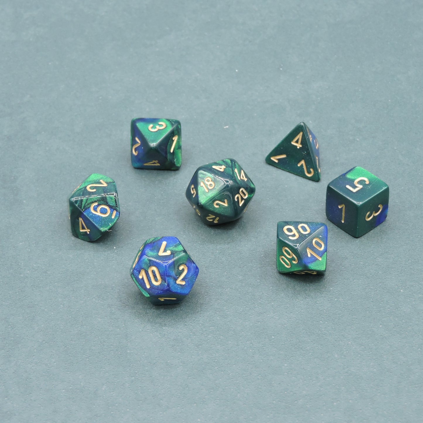 Blue-Green w/ gold Gemini Polyhedral 7-die Set
