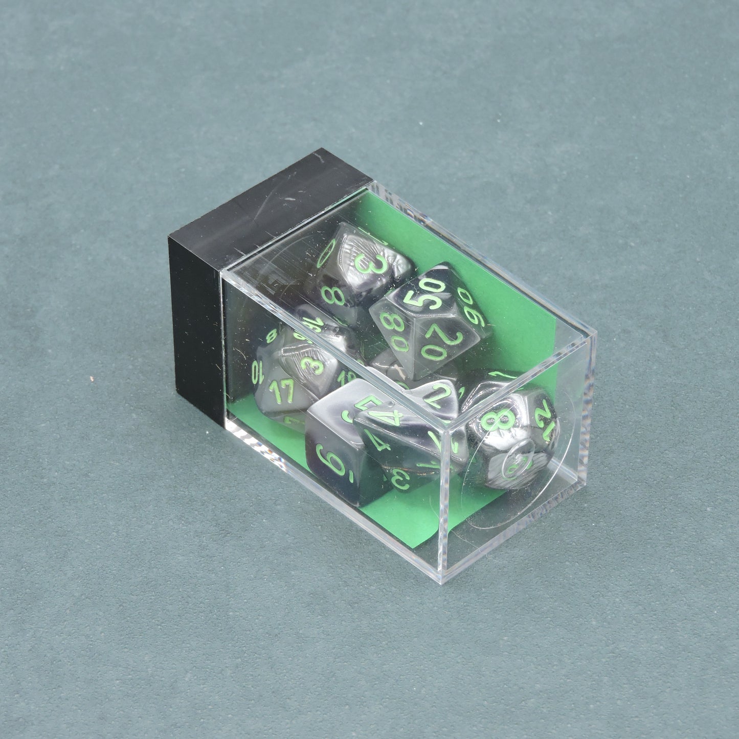 Black-Grey w/ green Gemini Polyhedral 7-die Set