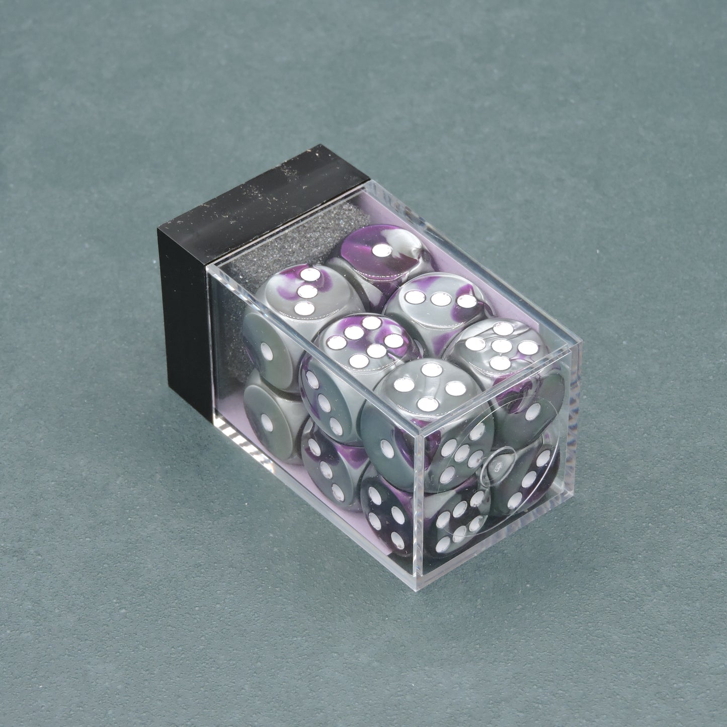 Purple-Steel w/ white Gemini 16mm d6 Dice Block (12 dice)