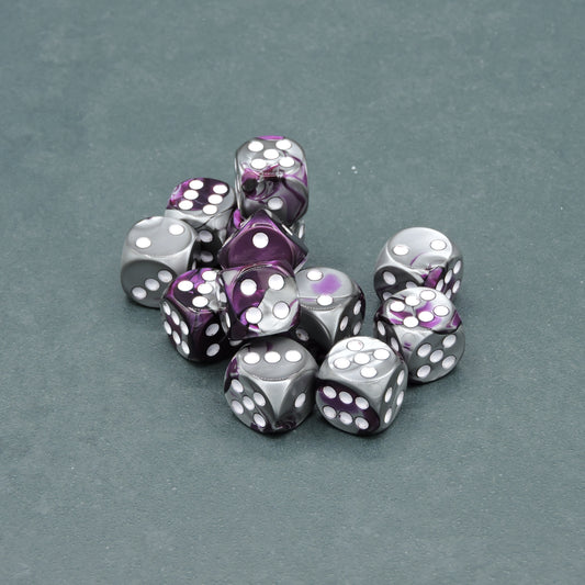 Purple-Steel w/ white Gemini 16mm d6 Dice Block (12 dice)