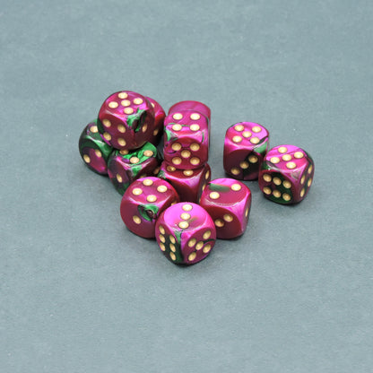 Green-Purple w/ gold Gemini 16mm d6 Dice Block (12 dice)