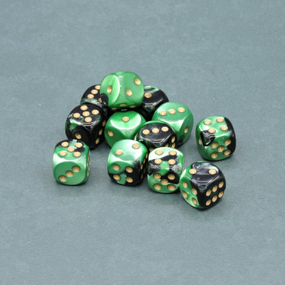 Black-Green w/ gold Gemini 16mm d6 Dice Block (12 dice)