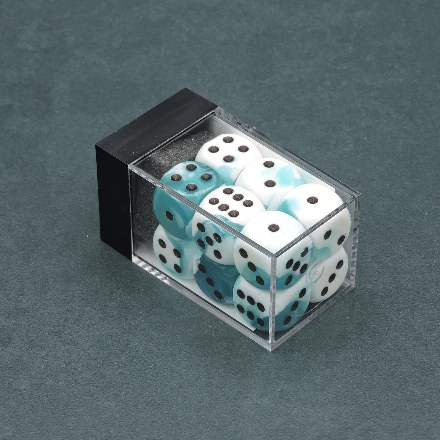 Teal-White w/ black Gemini 16mm d6 Dice Block (12 dice)