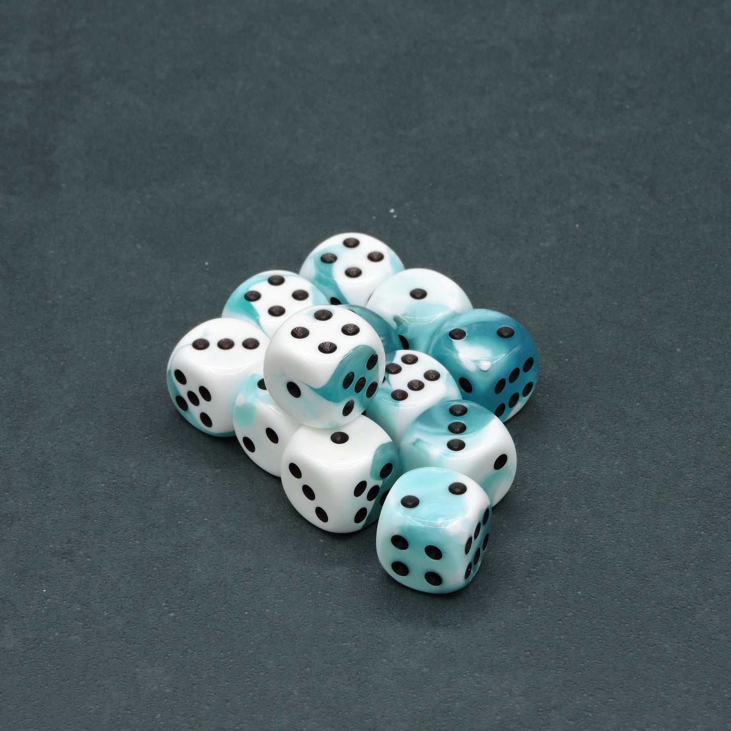 Teal-White w/ black Gemini 16mm d6 Dice Block (12 dice)