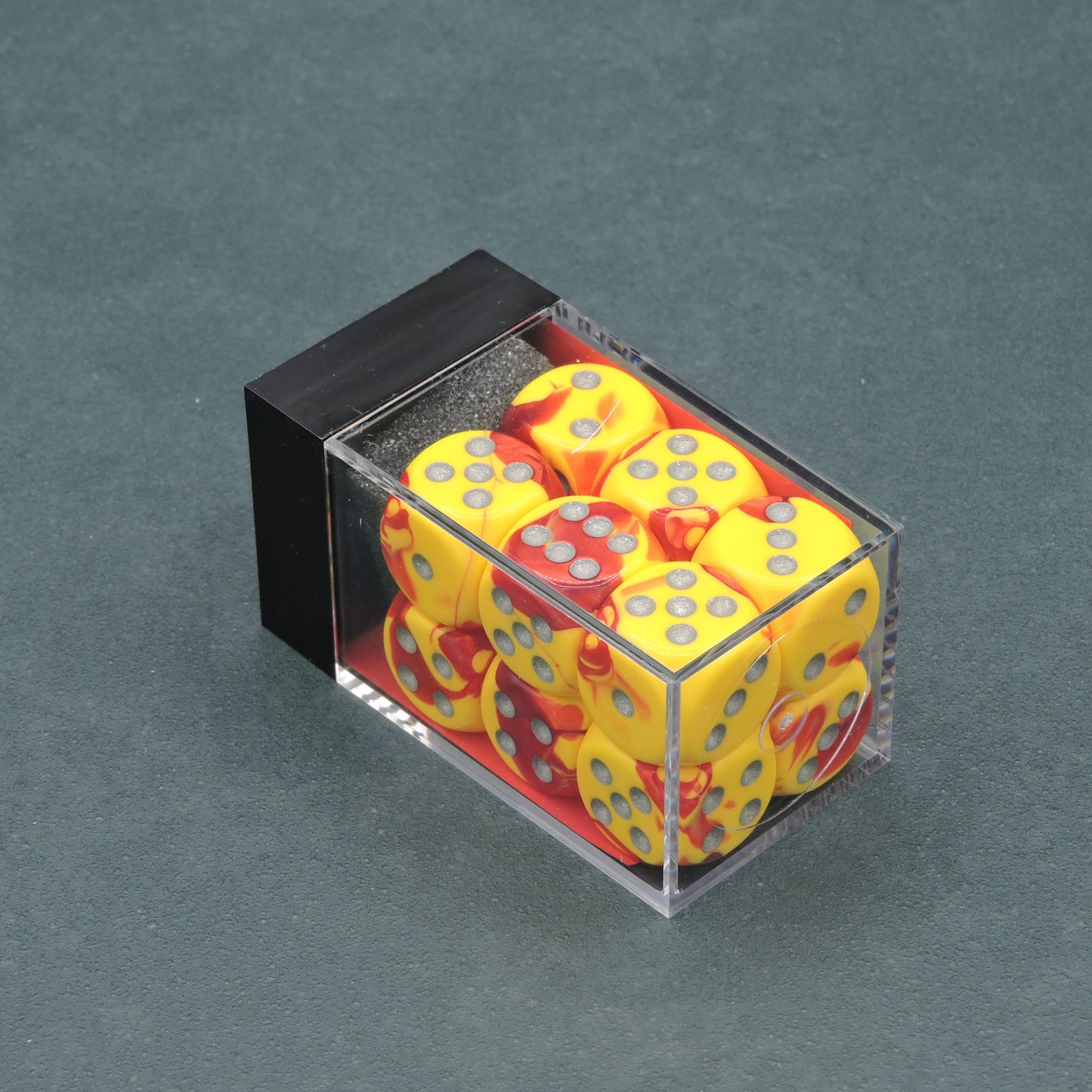 Red-Yellow w/ silver Gemini 16mm d6 Dice Block (12 dice)