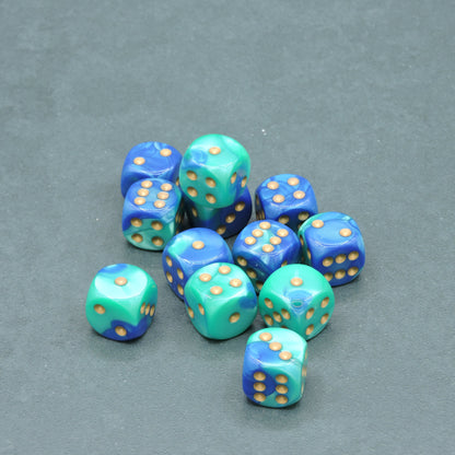 Blue-Teal w/ gold Gemini 16mm d6 Dice Block (12 dice)